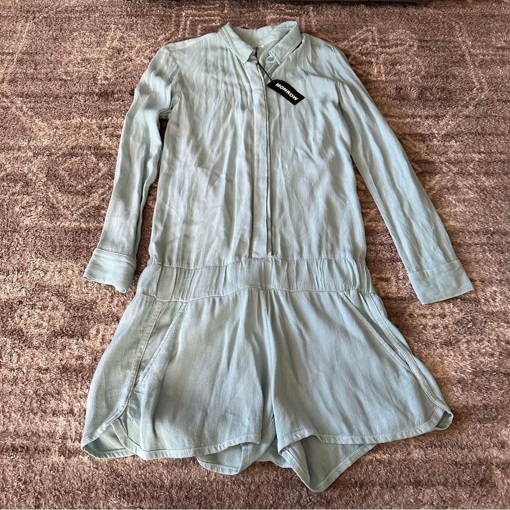 NWT Monrow Long Sleeve Shorts Romper Blue - Picture 1 of 7